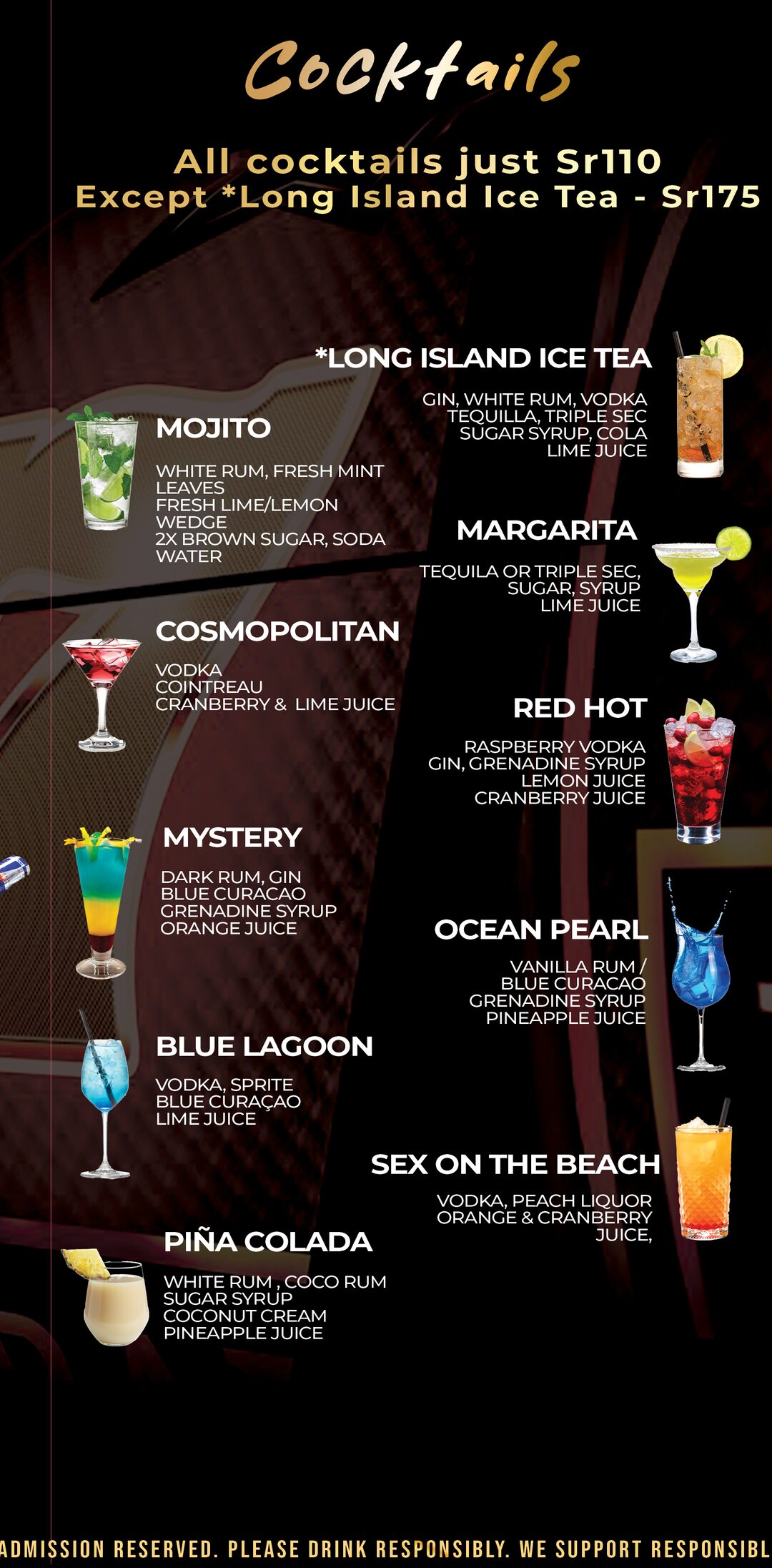 Amusement Centre bar menu — Cocktails