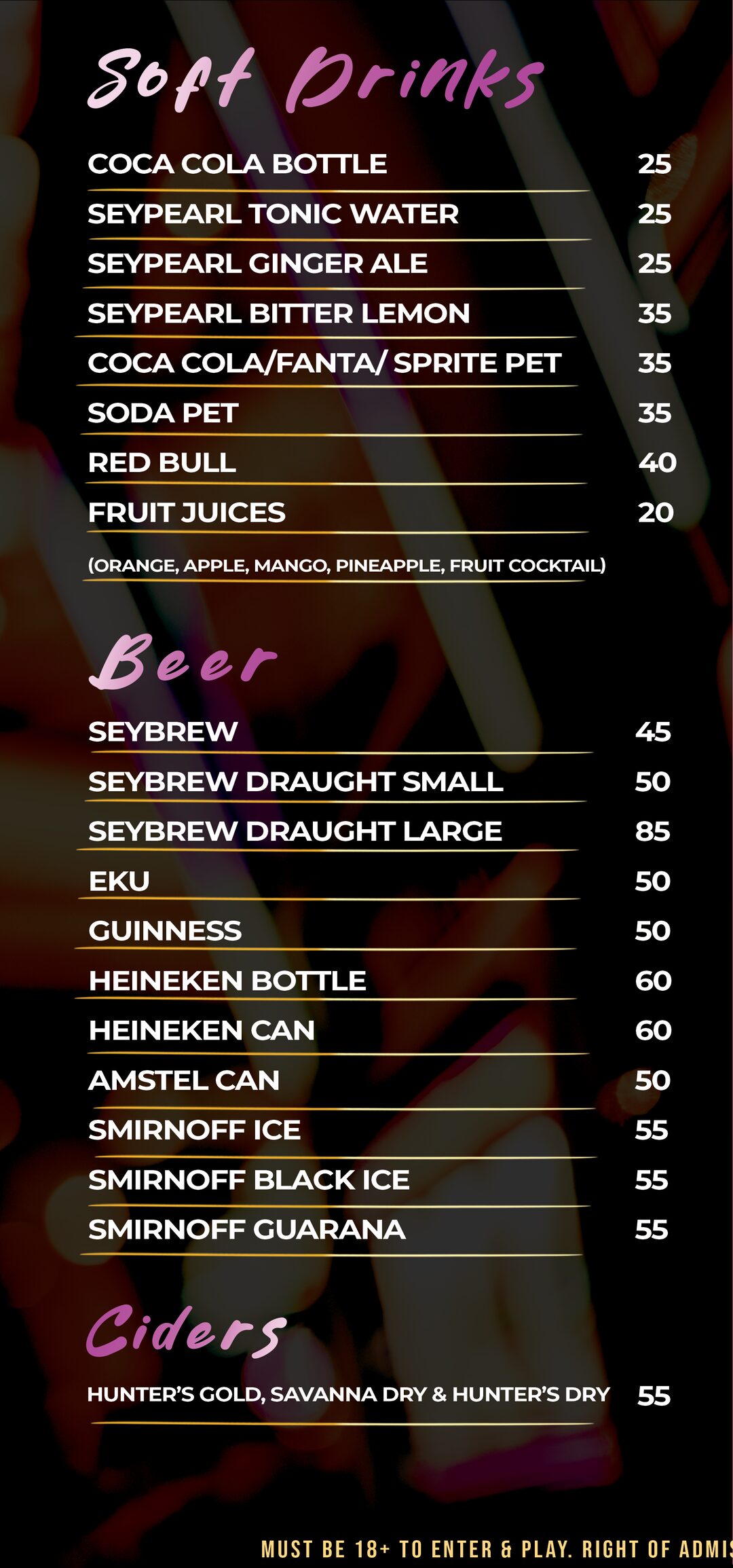 Amusement Centre bar menu — Soft Drinks · Beer · Ciders