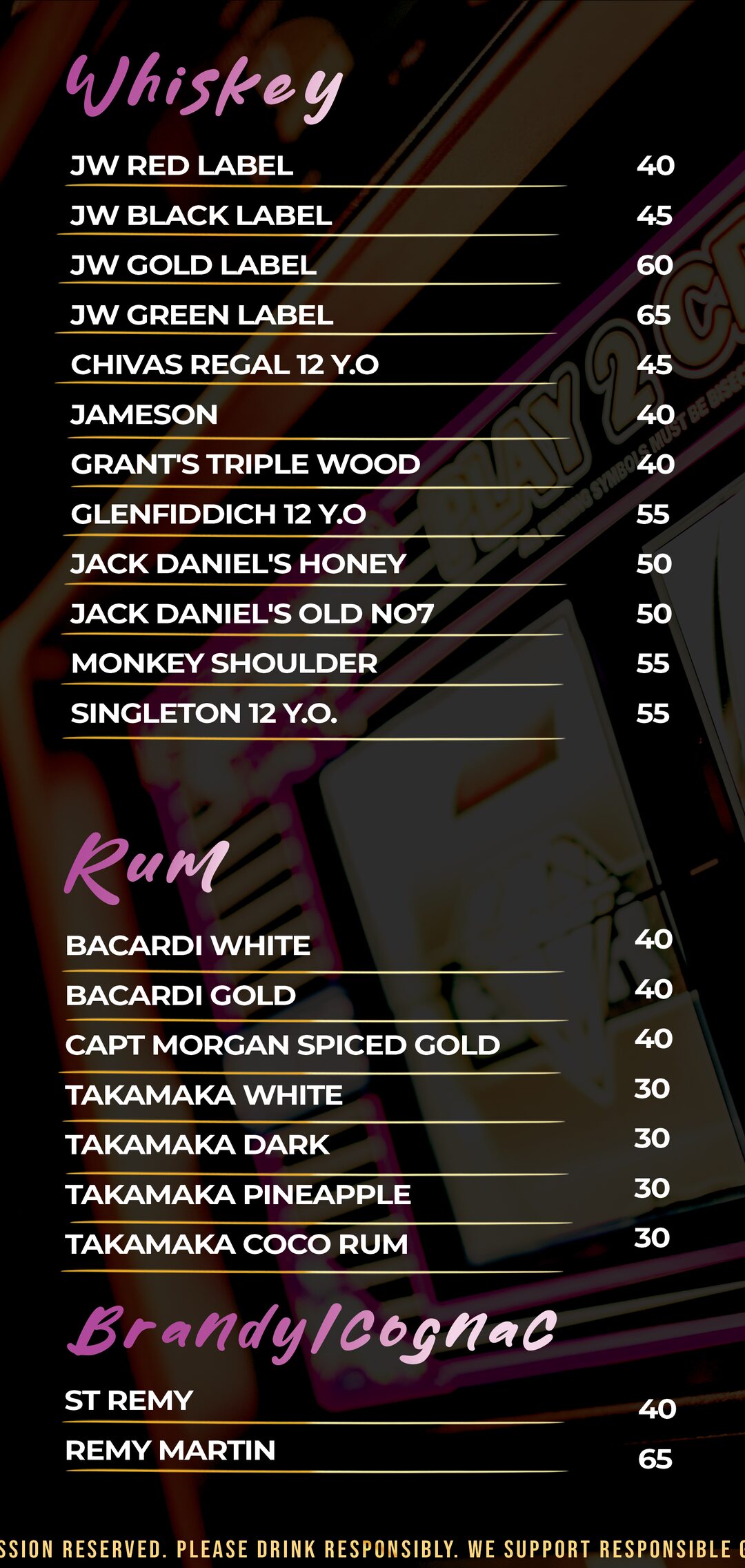 Amusement Centre bar menu — Whiskey · Rum · Brandy