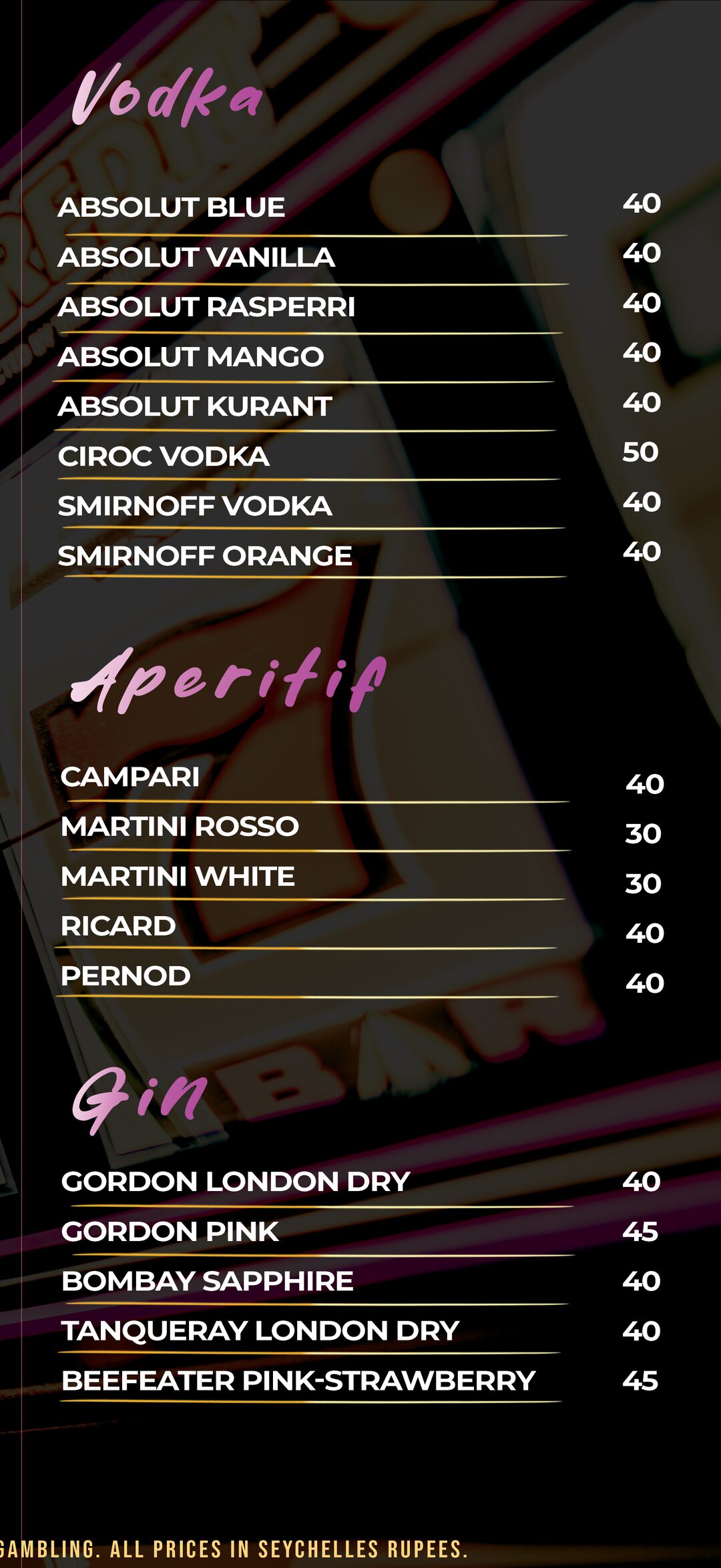 Amusement Centre bar menu — Vodka · Aperitif · Gin